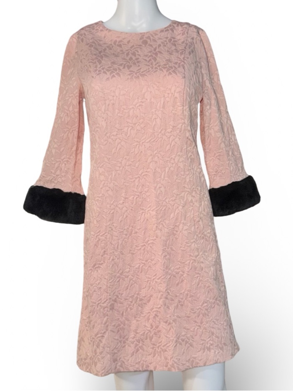 Eva Mendes NY&C Pink Textured Jacquard Shift Dress Faux Fur Cuffs XS